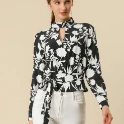 Allegra K Choker V Neck Tie Waist Floral Long Sleeves Tops