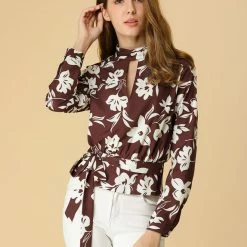 Allegra K Choker V Neck Tie Waist Floral Long Sleeves Tops