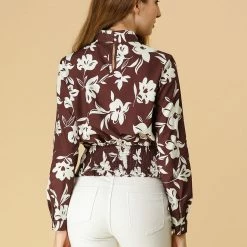 Allegra K Choker V Neck Tie Waist Floral Long Sleeves Tops