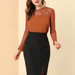 Allegra K Lace Floral Panel Crew Neck Long Sleeves Peasant Blouse Women