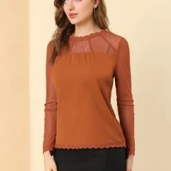 Allegra K Lace Floral Panel Crew Neck Long Sleeves Peasant Blouse Women