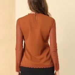 Allegra K Lace Floral Panel Crew Neck Long Sleeves Peasant Blouse Women