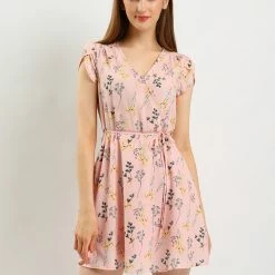 Allegra K Clothing Women Floral Crossover V Neck Petal Sleeves Flowy Dress With Belt