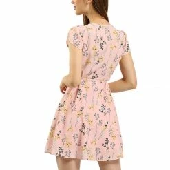 Allegra K Clothing Women Floral Crossover V Neck Petal Sleeves Flowy Dress With Belt