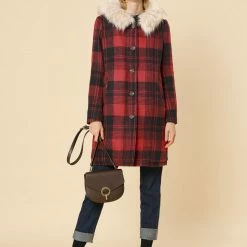 Allegra K Plaid Single Breasted Jacket With Removable Faux Fur Hood Women