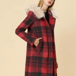 Allegra K Plaid Single Breasted Jacket With Removable Faux Fur Hood Women