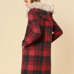 Allegra K Plaid Single Breasted Jacket With Removable Faux Fur Hood Women