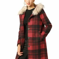 Allegra K Plaid Single Breasted Jacket With Removable Faux Fur Hood Women
