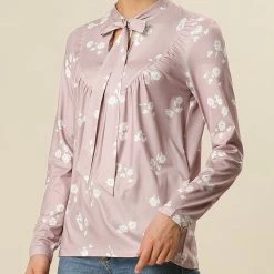 Allegra K Women's Spring Long Sleeves Tops Pleated Front Casual Bow Tie Floral Blouse