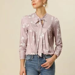 Allegra K Women's Spring Long Sleeves Tops Pleated Front Casual Bow Tie Floral Blouse