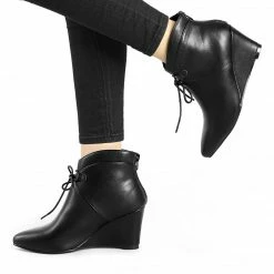 Allegra K Women's Pointed Toe Zip Wedge Heel Ankle Boots