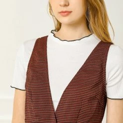 Allegra K Women's Overalls Suspenders Plaid Houndstooth Pinafore Dress