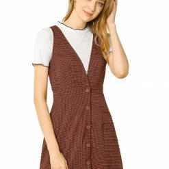 Allegra K Women's Overalls Suspenders Plaid Houndstooth Pinafore Dress