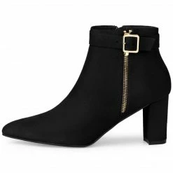 Allegra K Shoes Women's Pointed Toe Buckle Zip Block Heel Ankle Booties