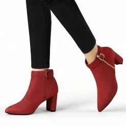 Allegra K Shoes Women's Pointed Toe Buckle Zip Block Heel Ankle Booties