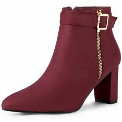 Allegra K Shoes Women's Pointed Toe Buckle Zip Block Heel Ankle Booties