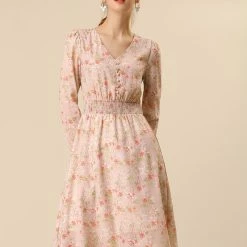 Women Allegra K Floral Print Flowy V-Neck Midi Dress