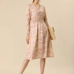 Women Allegra K Floral Print Flowy V-Neck Midi Dress