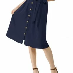 Allegra K Women's Button Front Casual High Waist Belted Midi Flare Skirt