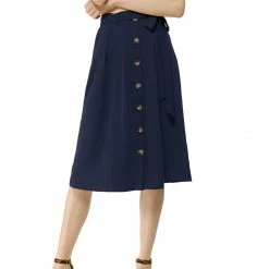 Allegra K Women's Button Front Casual High Waist Belted Midi Flare Skirt
