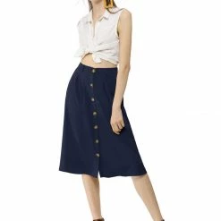 Allegra K Women's Button Front Casual High Waist Belted Midi Flare Skirt