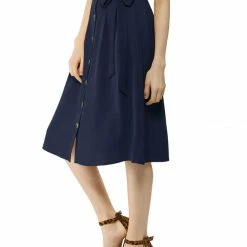 Allegra K Women's Button Front Casual High Waist Belted Midi Flare Skirt
