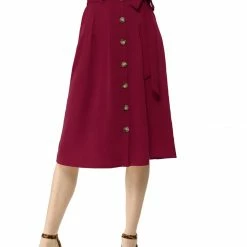 Allegra K Women's Button Front Casual High Waist Belted Midi Flare Skirt
