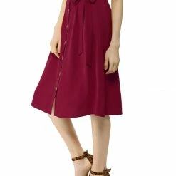 Allegra K Women's Button Front Casual High Waist Belted Midi Flare Skirt