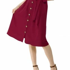 Allegra K Women's Button Front Casual High Waist Belted Midi Flare Skirt