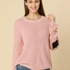 Women Allegra K Drop Shoulder Elbow Cat Patch Loose Sweater