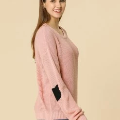 Women Allegra K Drop Shoulder Elbow Cat Patch Loose Sweater