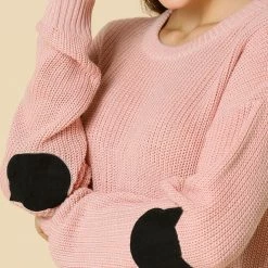 Women Allegra K Drop Shoulder Elbow Cat Patch Loose Sweater