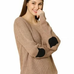 Women Allegra K Drop Shoulder Elbow Cat Patch Loose Sweater