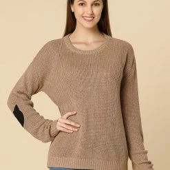 Women Allegra K Drop Shoulder Elbow Cat Patch Loose Sweater