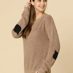 Women Allegra K Drop Shoulder Elbow Cat Patch Loose Sweater