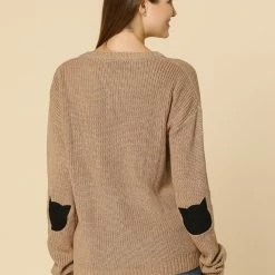 Women Allegra K Drop Shoulder Elbow Cat Patch Loose Sweater
