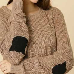 Women Allegra K Drop Shoulder Elbow Cat Patch Loose Sweater