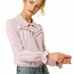 Women Allegra K Button Down Long Sleeve Elastic Cuff Ruffle Detail Blouse