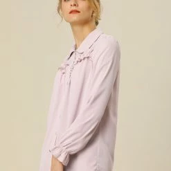 Women Allegra K Button Down Long Sleeve Elastic Cuff Ruffle Detail Blouse