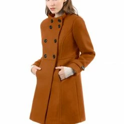 Allegra K Women's Double Breasted Stand Collar Coat With Slant Pockets