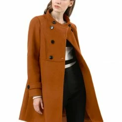 Allegra K Women's Double Breasted Stand Collar Coat With Slant Pockets