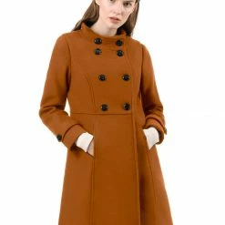 Allegra K Women's Double Breasted Stand Collar Coat With Slant Pockets