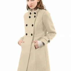 Allegra K Women's Double Breasted Stand Collar Coat With Slant Pockets