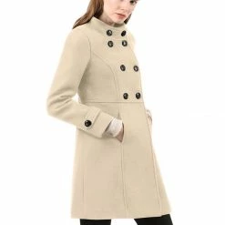 Allegra K Women's Double Breasted Stand Collar Coat With Slant Pockets