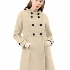 Allegra K Women's Double Breasted Stand Collar Coat With Slant Pockets