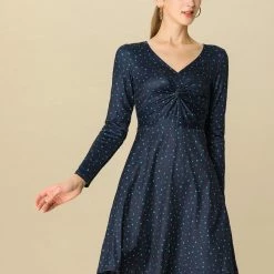 Women Allegra K Dot Print Long Sleeve V Neck Dresses
