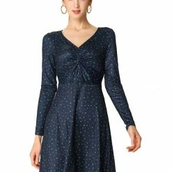 Women Allegra K Dot Print Long Sleeve V Neck Dresses