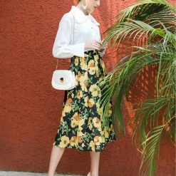 Allegra K Women's Summer Elastic High Waist Pleated A-Line Midi Floral Skirt