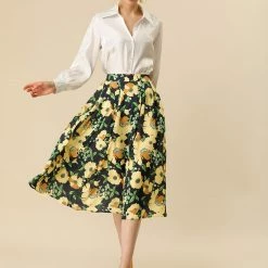 Allegra K Women's Summer Elastic High Waist Pleated A-Line Midi Floral Skirt