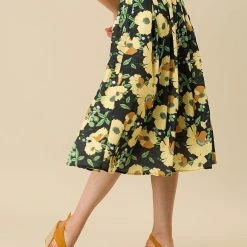 Allegra K Women's Summer Elastic High Waist Pleated A-Line Midi Floral Skirt